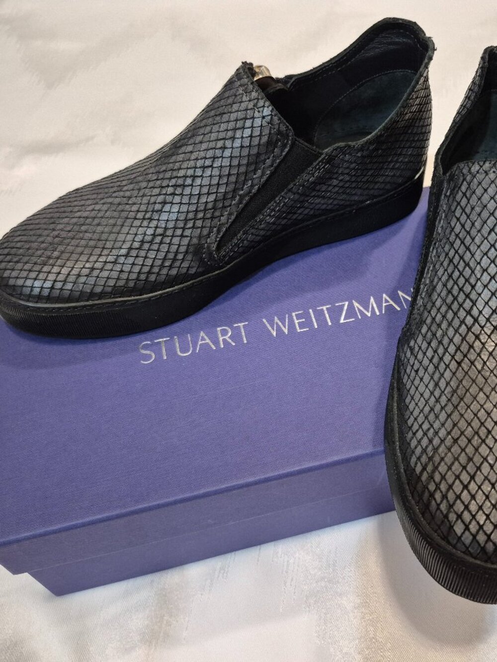 Stuart Weitzman Charcoal Snakeskin Leather Slip-On Sneakers with Box